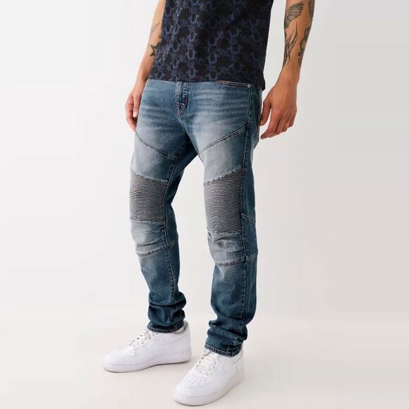True Religion Mens Rocco Moto Skinny Jeans Stretch Designer Blue Denim Sz 44 NEW - Picture 1 of 13